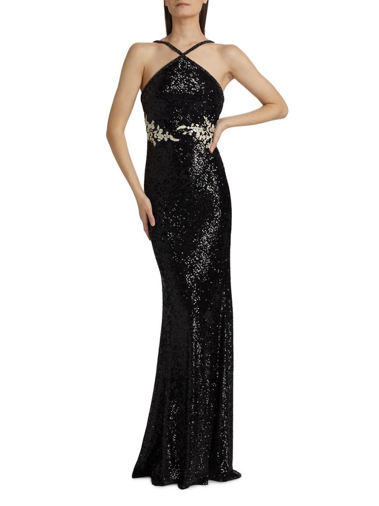 Naeem Khan Sequined Floral Appliqué Halter Gown