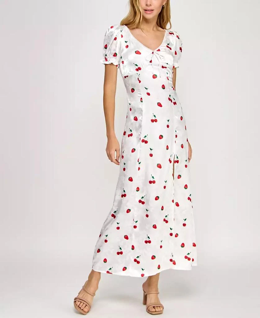 Crystal Doll Juniors' Printed Satin Puff-Sleeve Midi Dress 3