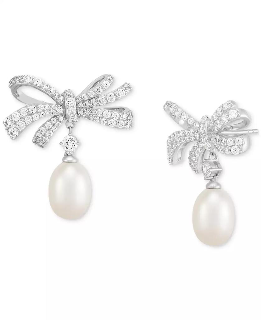 Arabella Cultured Freshwater Oval Pearl (11 x 9mm) & Cubic Zirconia Bow Drop Earrings in Sterling Silver