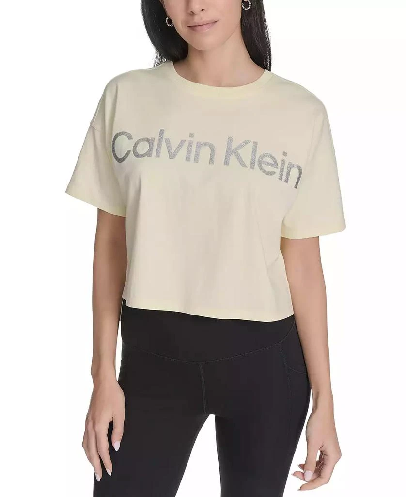 Calvin Klein Women's Glitter Logo High-Low Cropped Tee