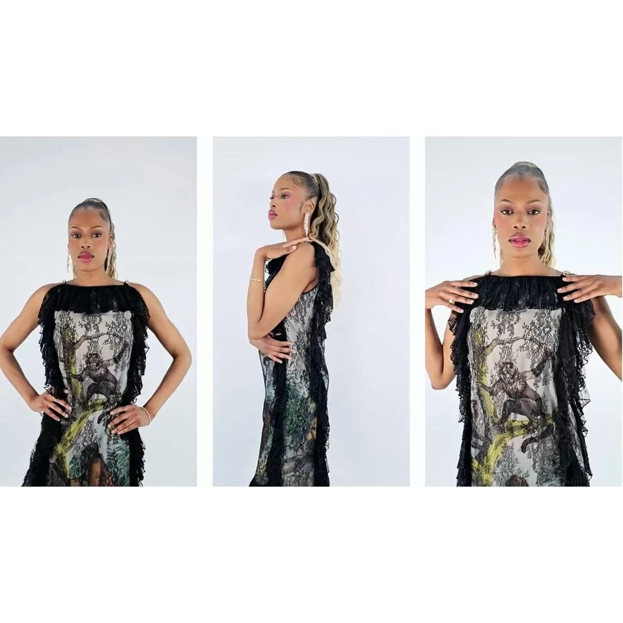 Burberry Ladies Light Opal Green Chantilly Lace and Monkey Print Shift Dress 1