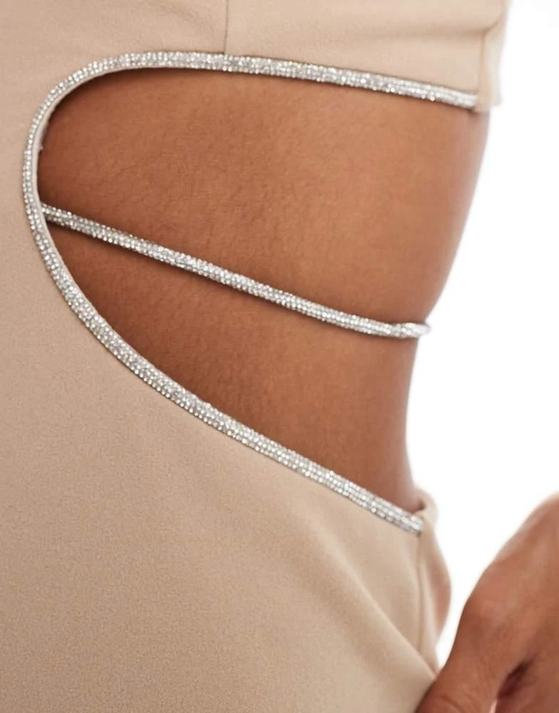 ASOS ASOS DESIGN plunge diamante trim cut out midi dress in mocha 4