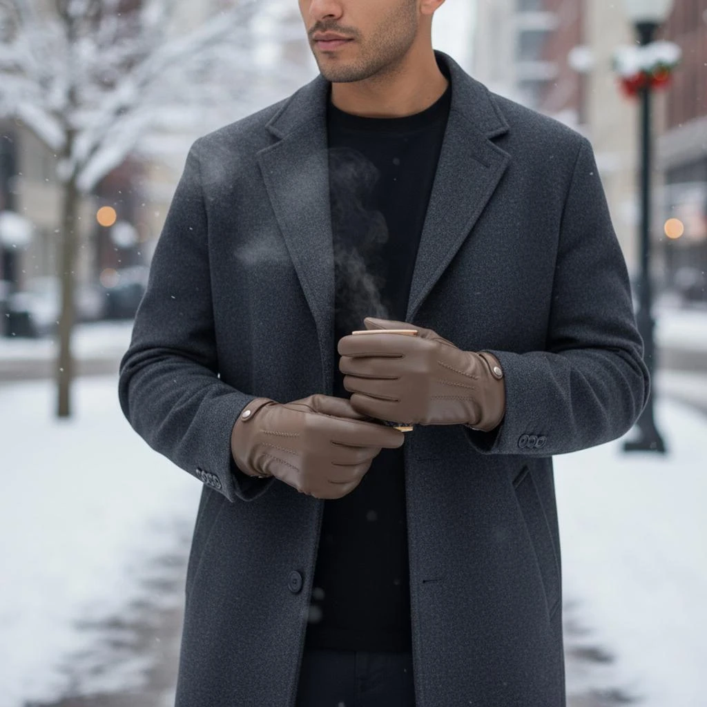 Infinity Leather Men’s Tan Brown Italian Leather Warm Wool-Lined Winter Bike Riding Driving Casual Gloves 2