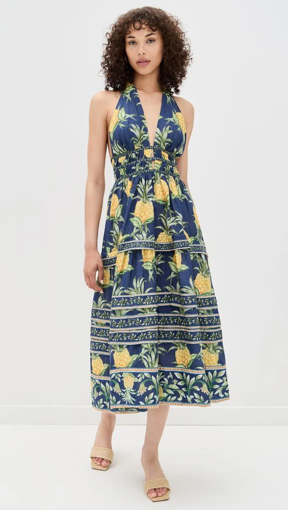 Farm Rio Delicate Pineapple Navy Blue Midi Dress 6