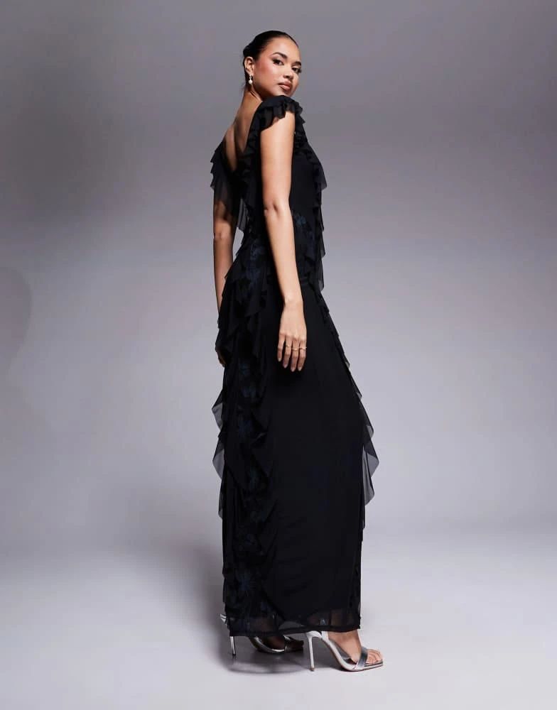 AFRM AFRM Trista mesh ruffle maxi dress with lace panels in black 4