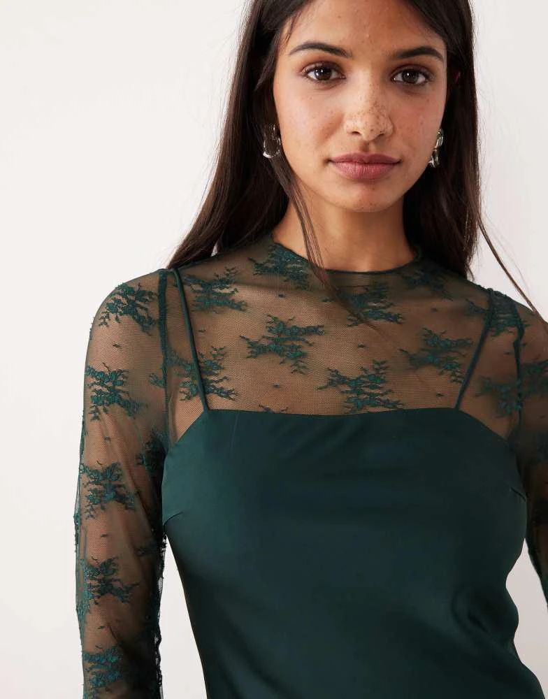 YAS hybrid high neck lace top and satin slip dress in dark green  On Sale  Now with Up to 65% Off | Discover Exclusive Deals & Savings at BeyondStyle   Authentic