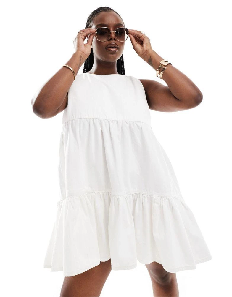 ASOS ASOS DESIGN Curve soft denim smock tiered mini dress in ecru 2
