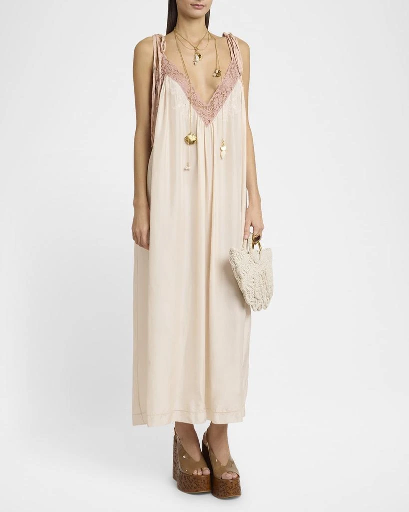 Chloé Long Lace-Trim Silk Slip Dress 2