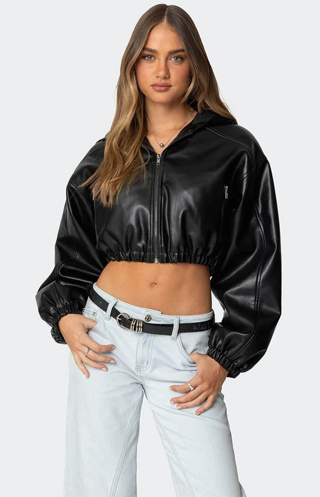 Edikted Hooded Faux Leather Cropped Jacket 1