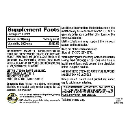 Member's Mark Member's Mark Sublingual Vitamin B12 5000mcg Methylcobalamin, 300 ct.