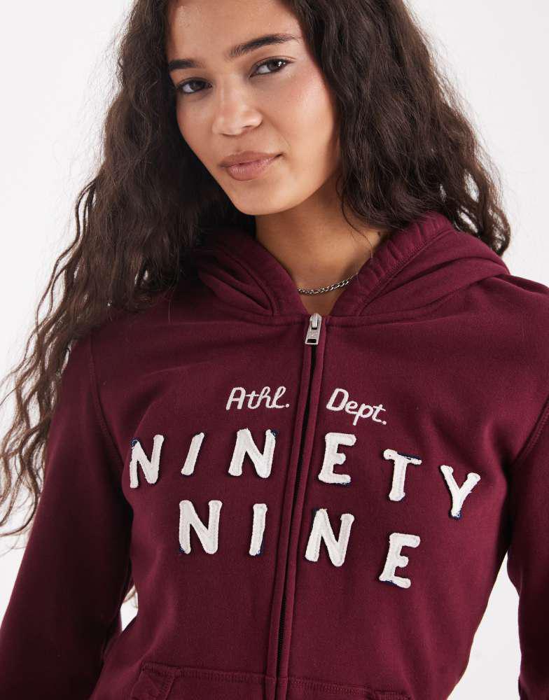 Shop Hollister double zip graphic hooded jumper in burgundy on