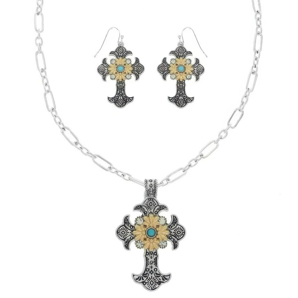 TRUEDAMES Western Turquoise Cross Necklace Set