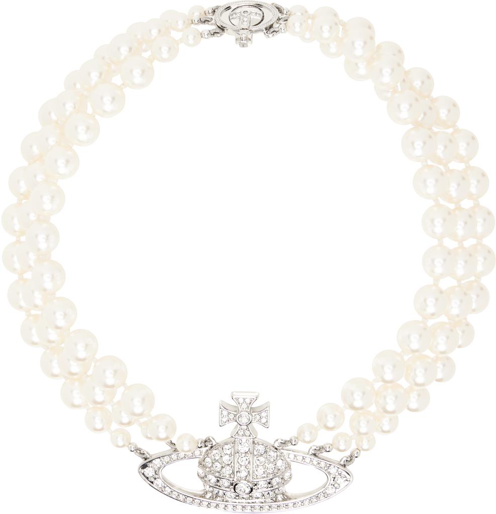 Vivienne Westwood Silver & White Three Row Pearl Bas Relief Choker