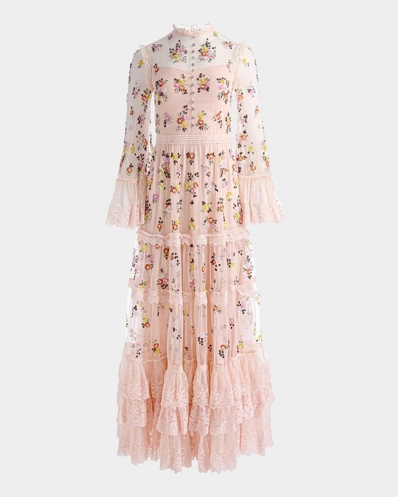 Alice + Olivia Allegra Floral Embellished Ruffle-Hem Dress