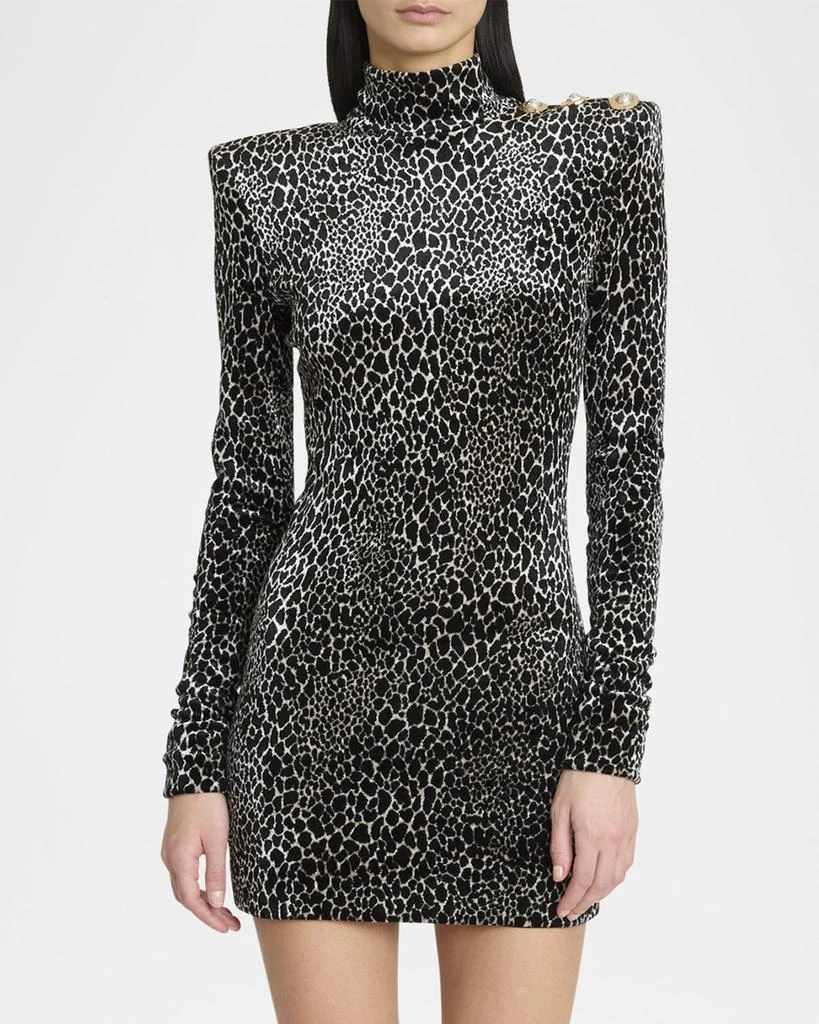 Balmain Leopard Velvet Button Strong-Shoulder Mini Dress 2