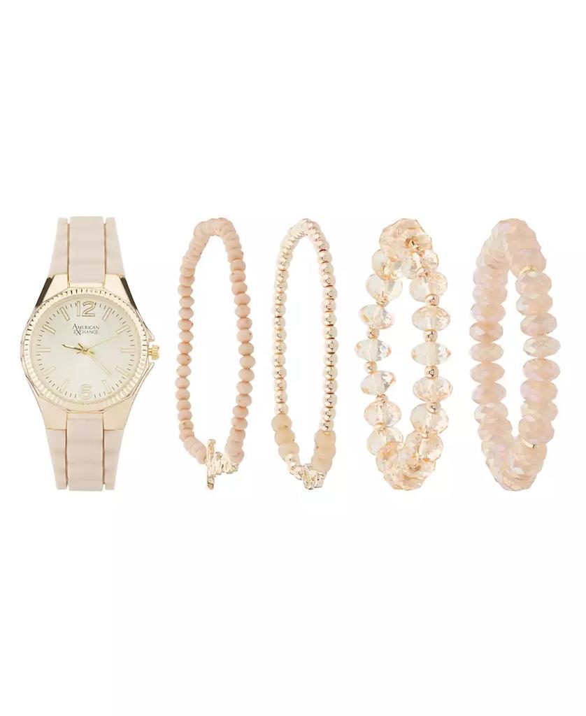 American Exchange Women's Beige Silicone Strap Analog Watch 35mm with Stackable Bracelets Gift Set
