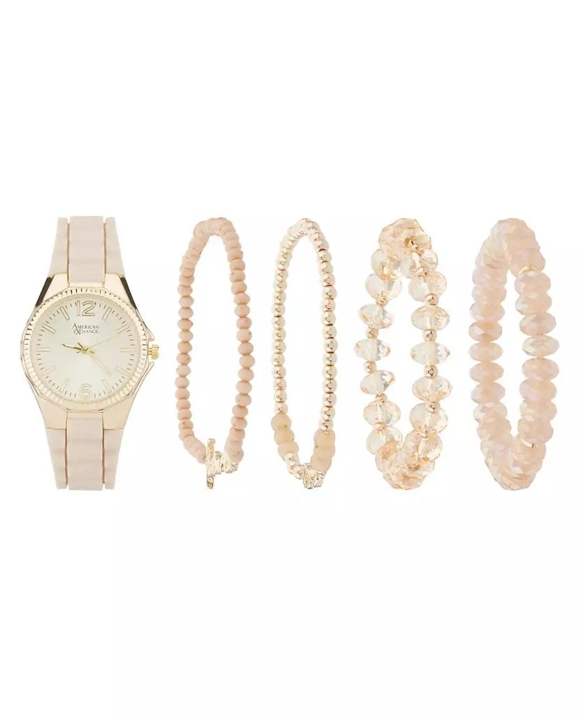 American Exchange Women's Beige Silicone Strap Analog Watch 35mm with Stackable Bracelets Gift Set 1