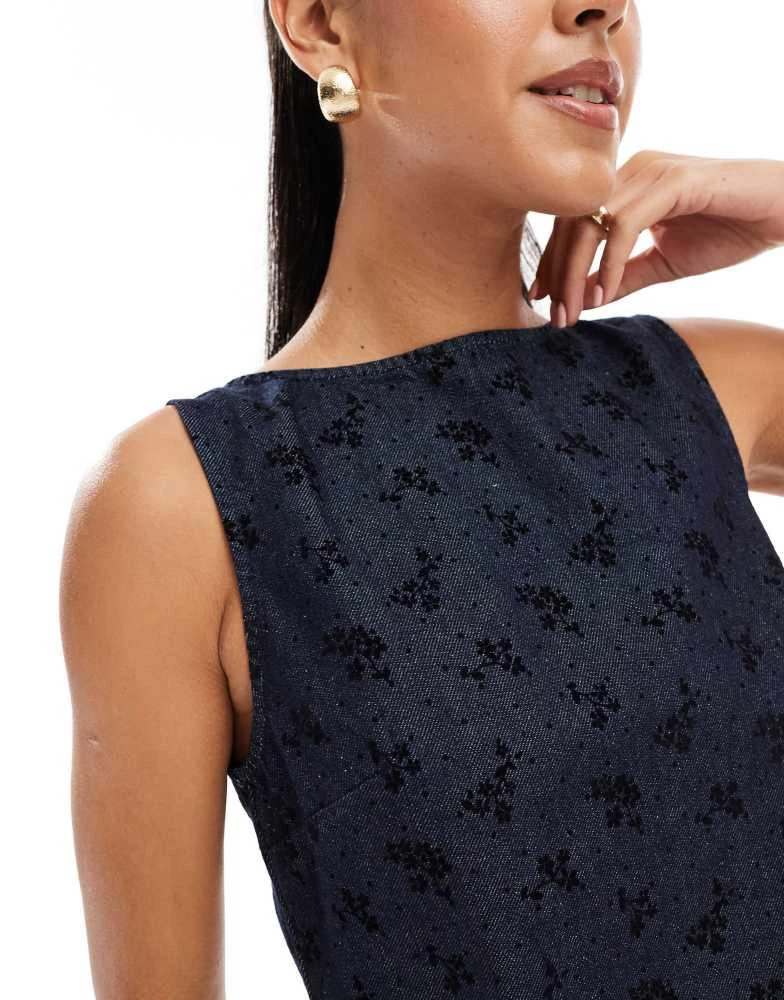 ASOS ASOS DESIGN denim shift dress with ditsy floral flock 4