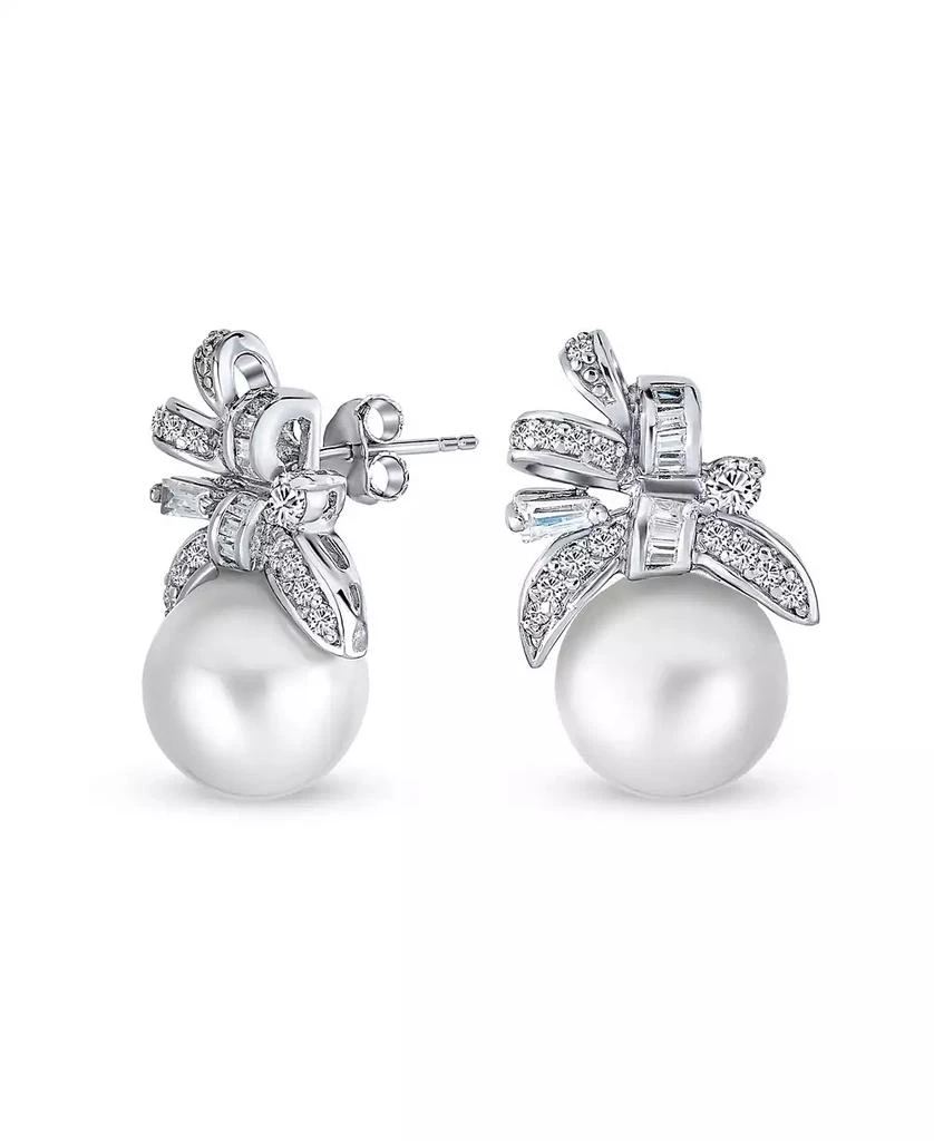 Bling Jewelry Victorian Style CZ Ribbon White Pearl Bow Stud Earrings .925 Sterling Silver