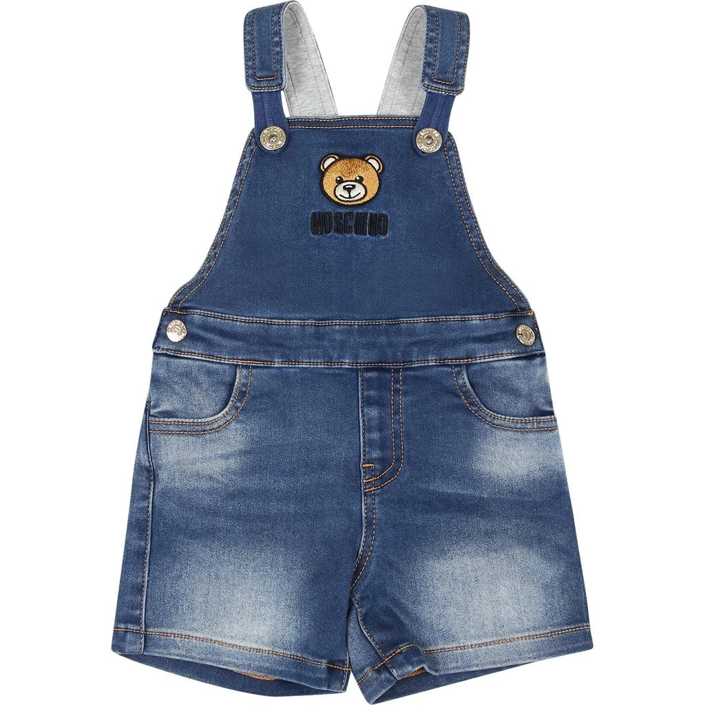 Moschino Blue Dungarees For Babykids With Teddy Bear And Logo 1
