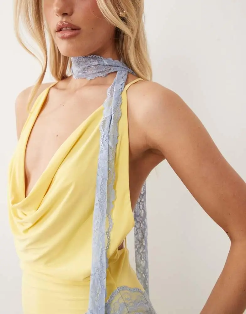 ASOS ASOS DESIGN lace cut about slinky maxi dress with scarf detail in lemon 3