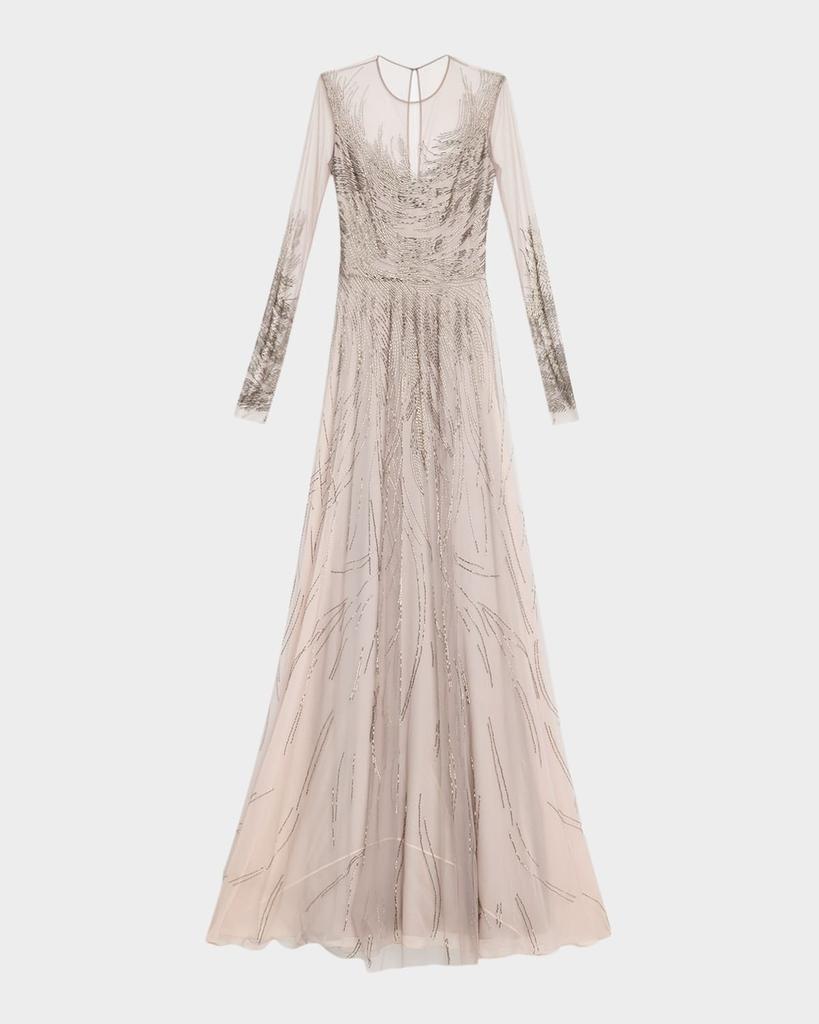 Naeem Khan Abstract Beaded Long-Sleeve Illusion Gown