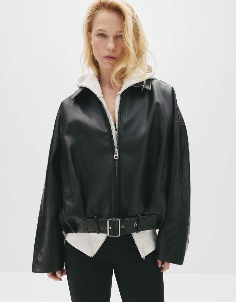 Pull&Bear Pull&Bear Leather effect balloon bomber jacket in black