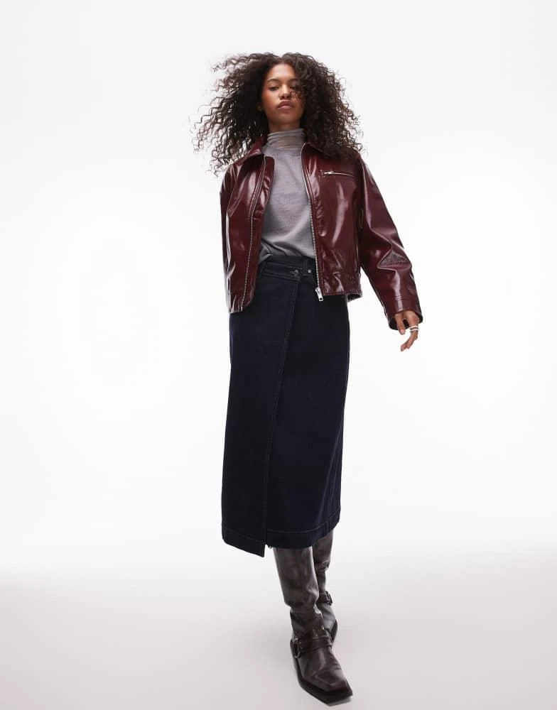 Topshop Topshop faux leather vinyl bomber jacket in burgundy 3