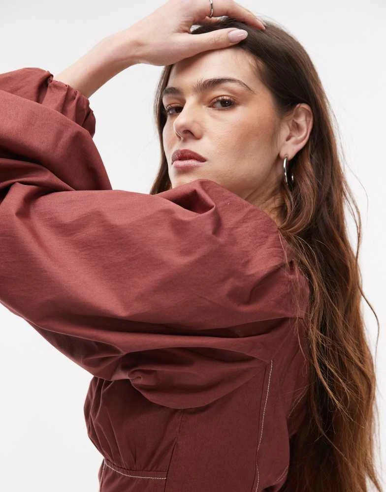 Topshop Topshop ruched neck balloon sleeve blouse with top stitching in chocolate 3
