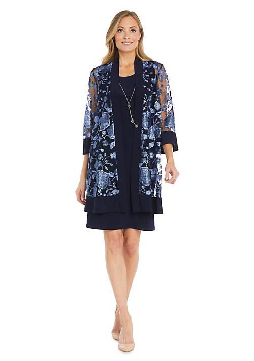 R & M Richards M Richards 2Pc Floral Threadwork Jacket Dress With Necklace