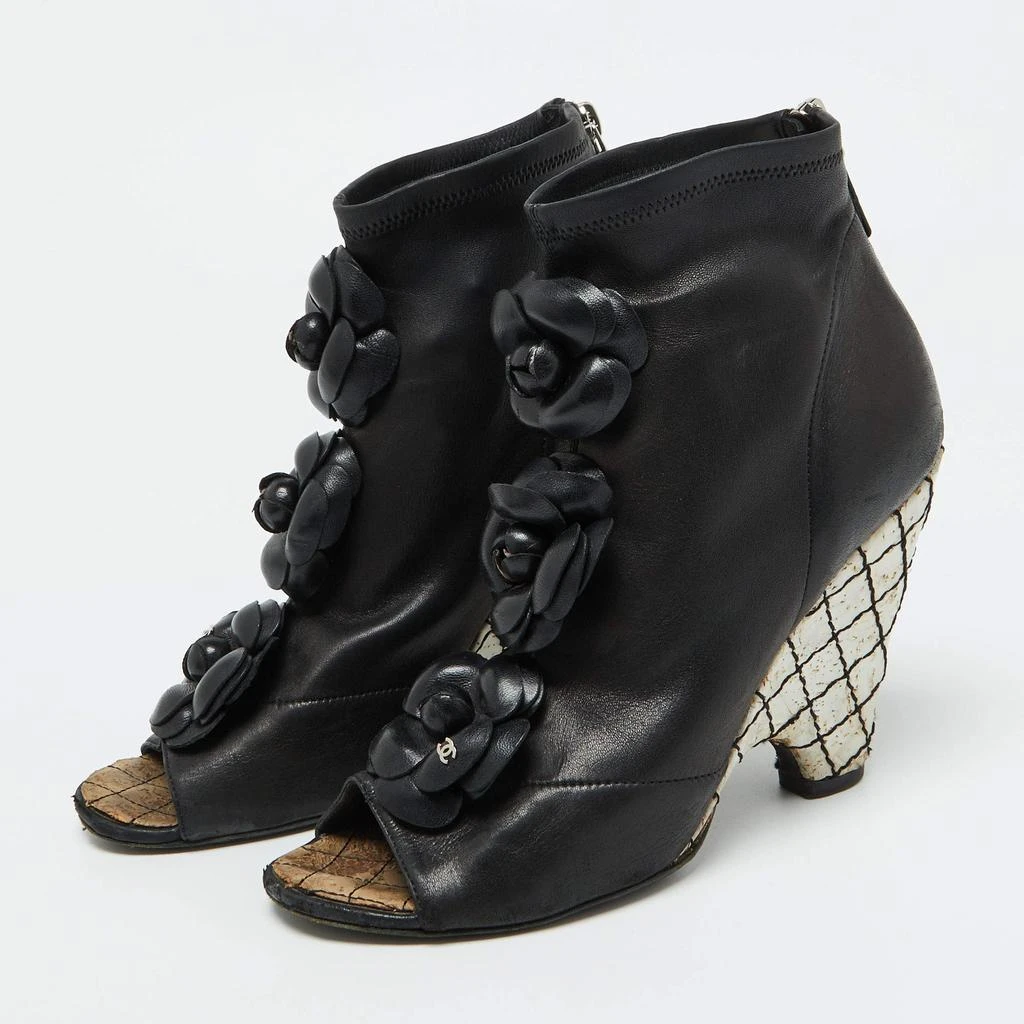 Chanel Chanel Black Leather CC Camellia Ankle Cork Wedge Boots Size 39 2