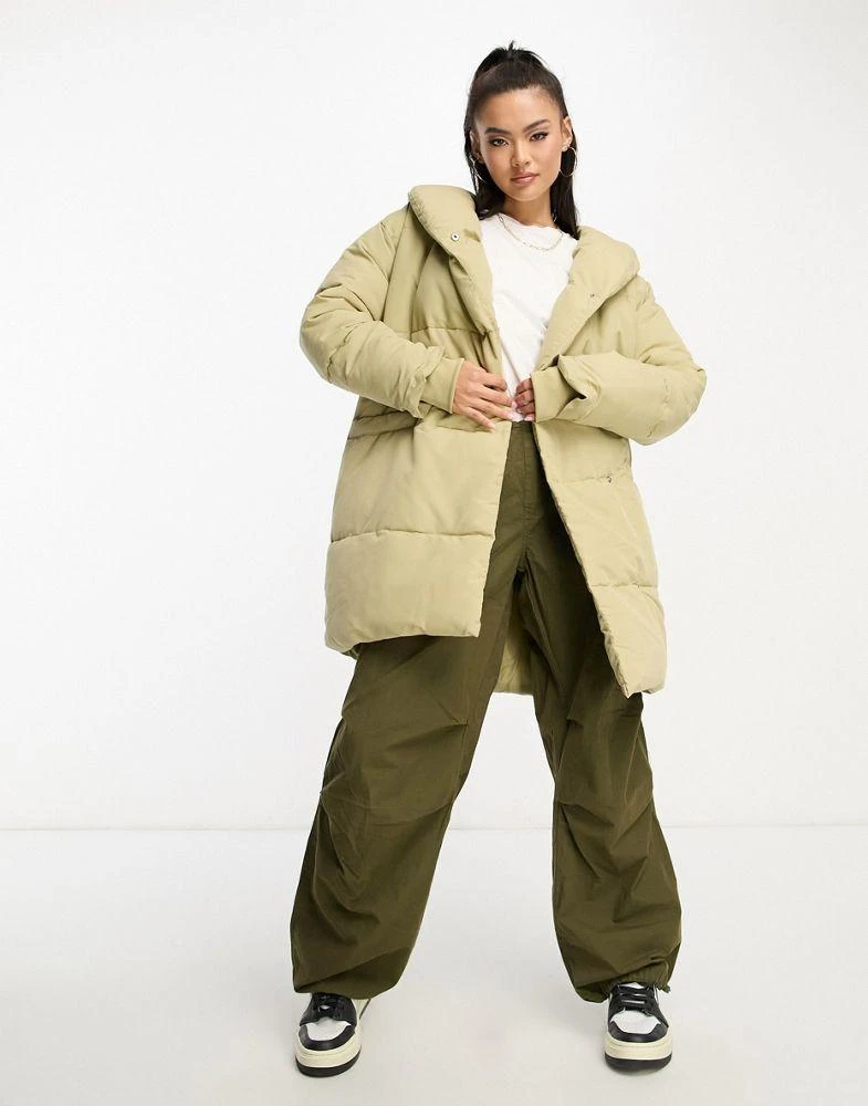 Don't Think Twice DTT Lindzi longline double breasted puffer jacket in sage green 1