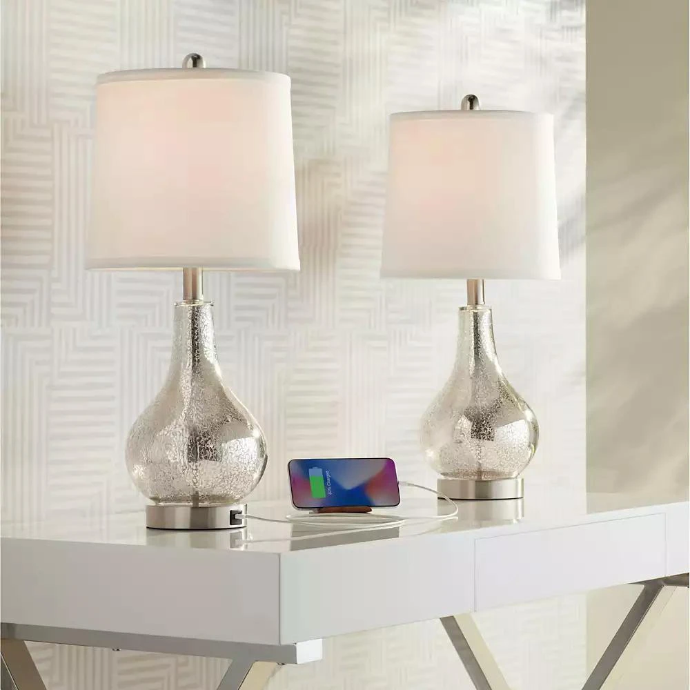 360 Lighting Ledger Modern Accent Table Lamps 21 3/4" High Set of 2 Mercury Glass with USB Charging Port Off-White Drum Shade for Family Office Desk 9