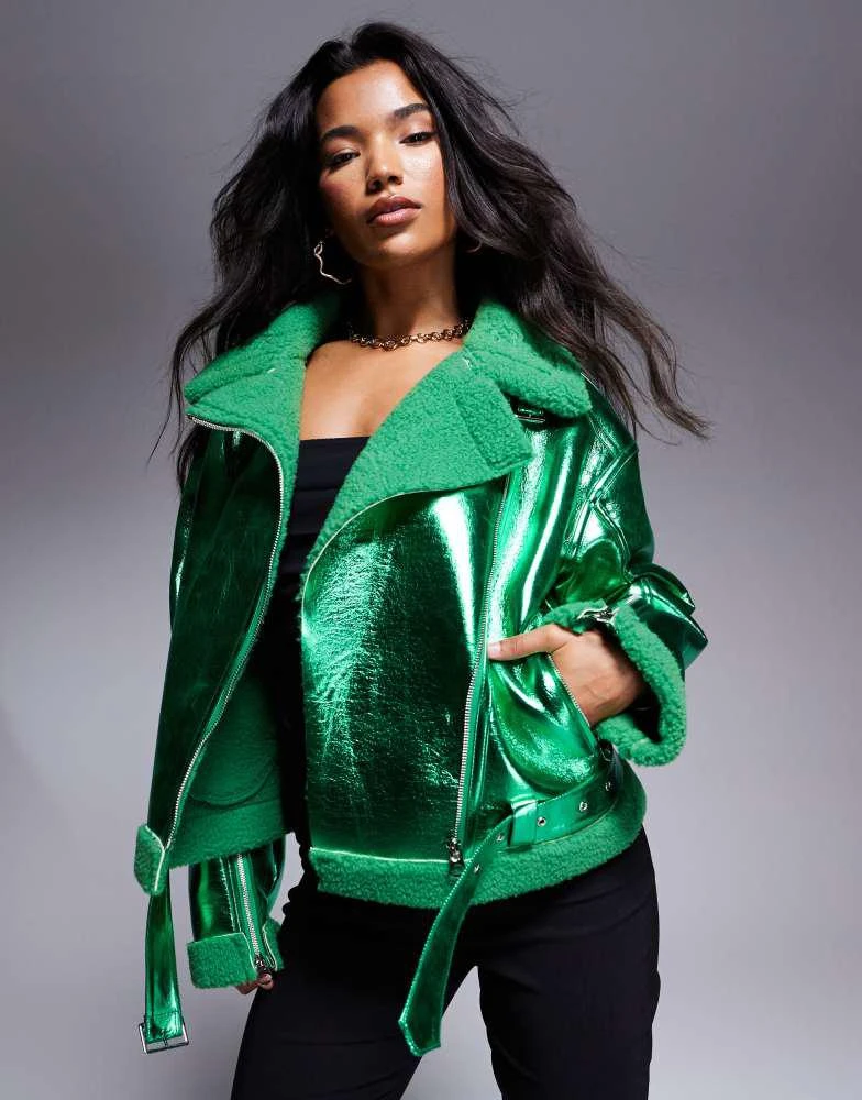 Amy Lynn Amy Lynn aviator jacket in metallic emerald green 1