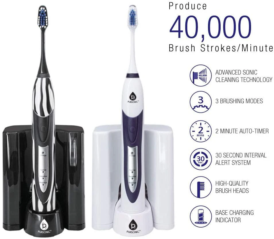 PURSONIC Ultra High Powered Sonic Electric Toothbrush with Dock Charger, 12 Brush Heads & More! (Value Pack)WHITE 2