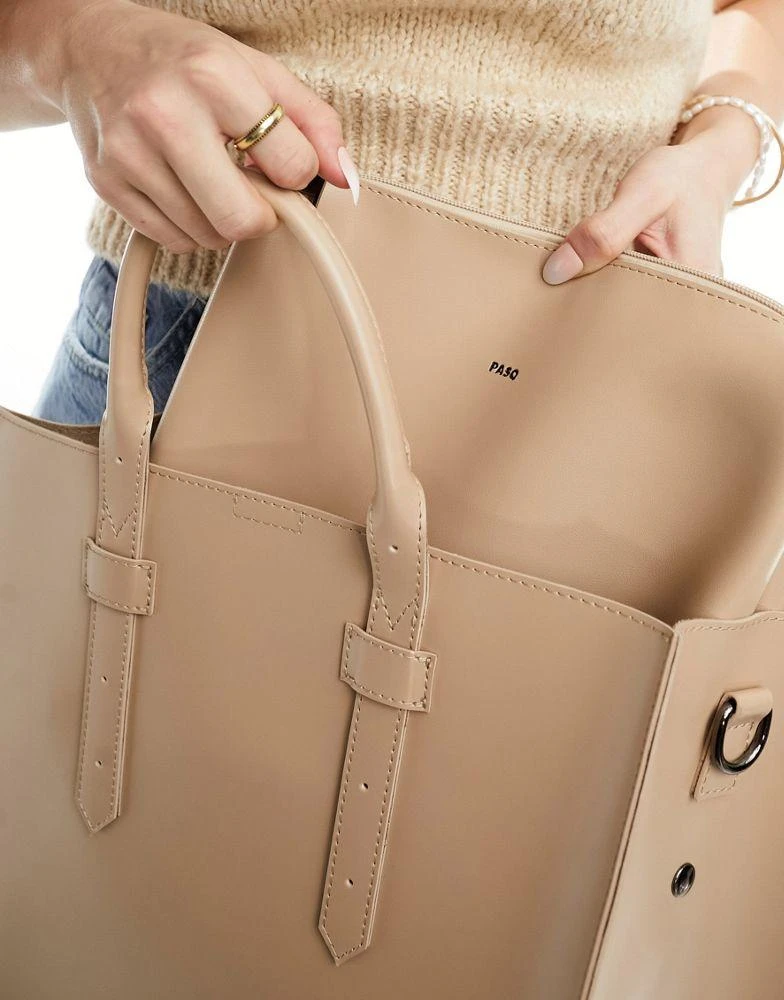 PASQ PASQ structured tote bag with detachable crossbody strap in sand 2