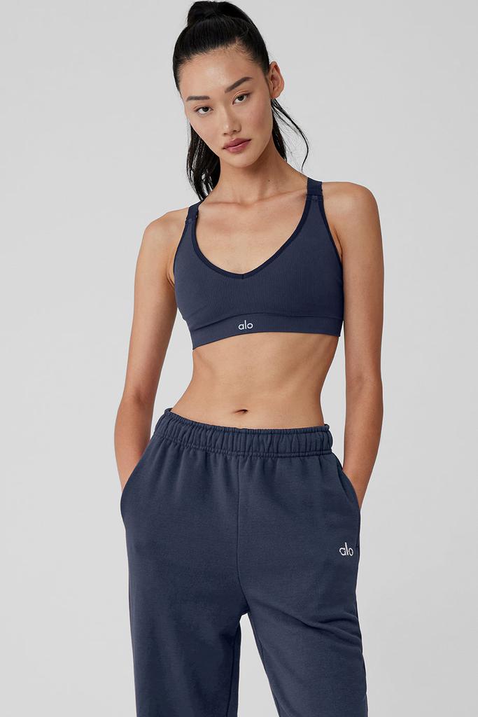 Alo Yoga Women's Goddess Ribbed Cropped Halter Bra Top