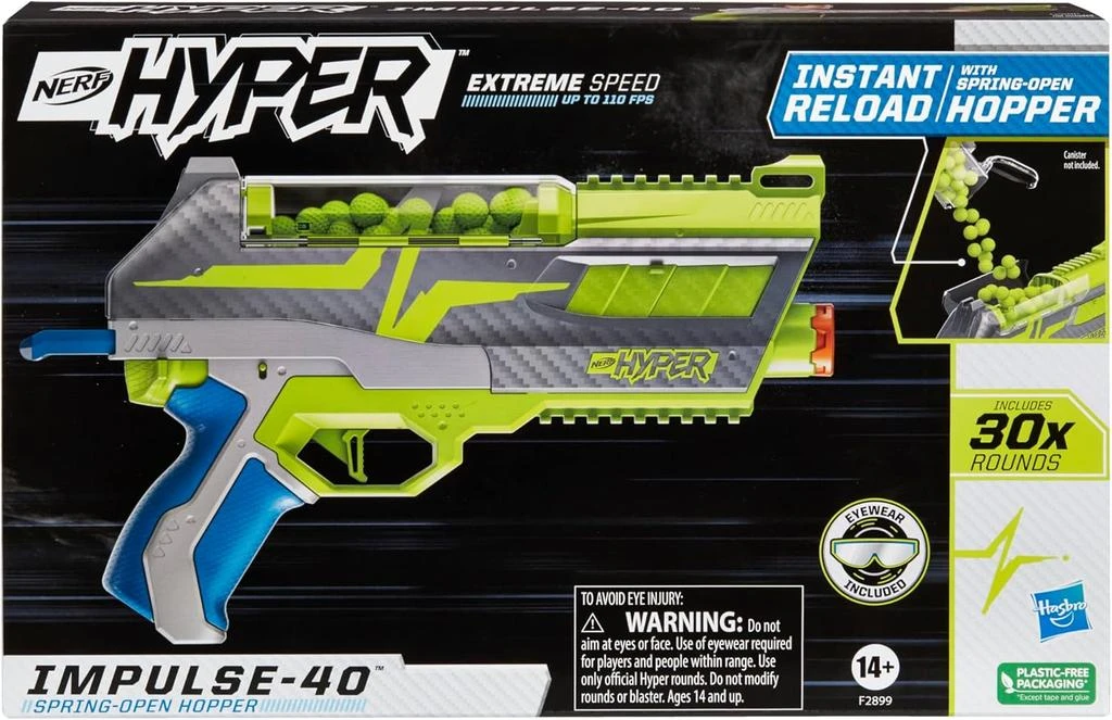 undefined Nerf Hyper Impulse-40 Blaster, Spring-Open Hopper, Up To 110 FPS Velocity, 30 Nerf Hyper Rounds, Eyewear 1