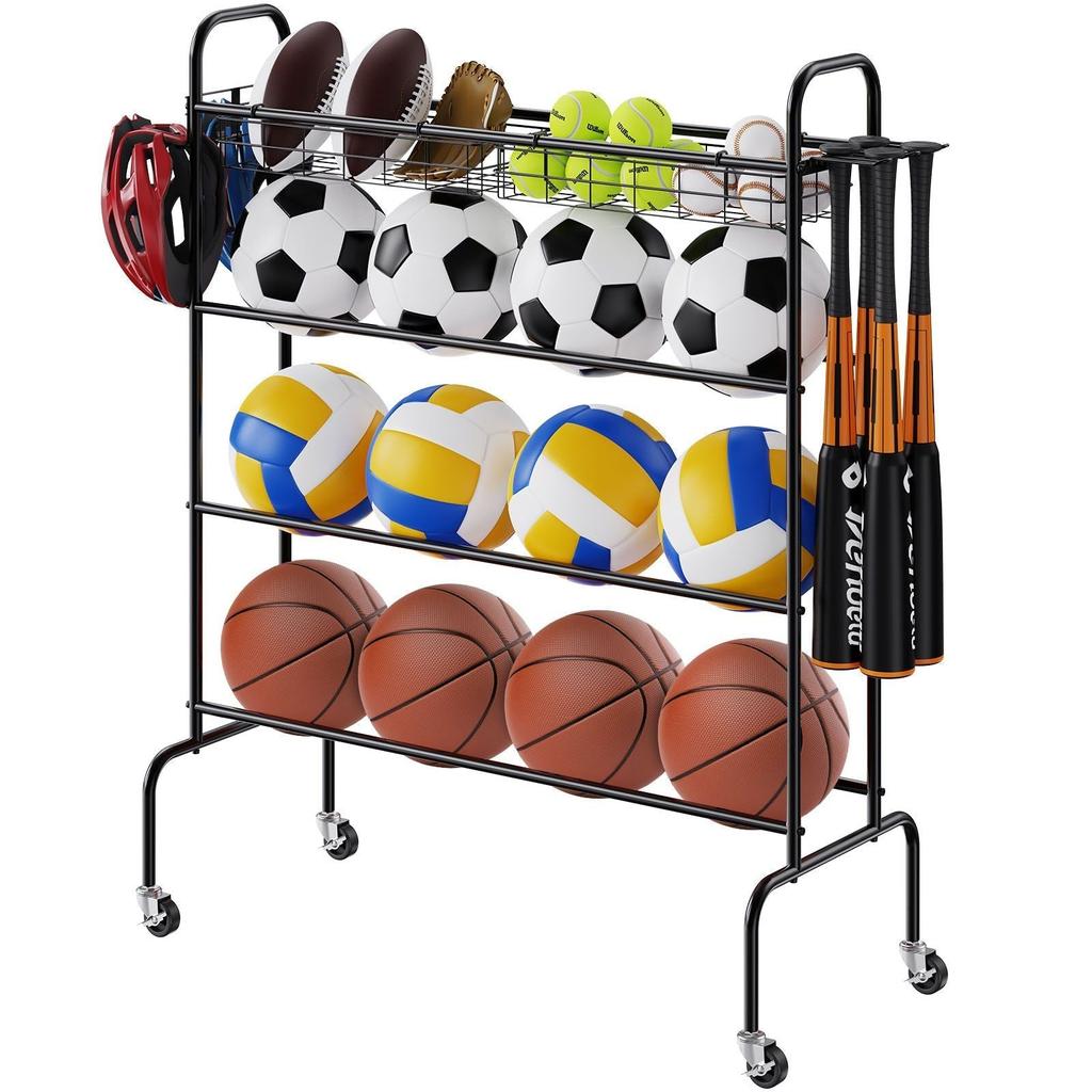 VVOR Basketball Rack, 4-Layers Rolling Basketball Shooting Training Stand, Sports Equipment Storage Organizer with Wheels, Hooks and Baskets, Garage Ball Storage Holder for Football Soccer Volleyball -14 x 18 x 49 inch