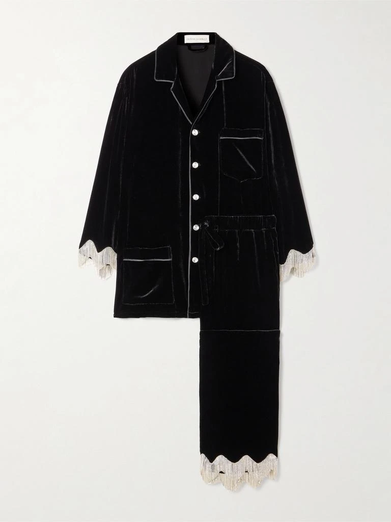 OLIVIA VON HALLE Fifi Fringed Crystal-embellished Velvet Pajama Set