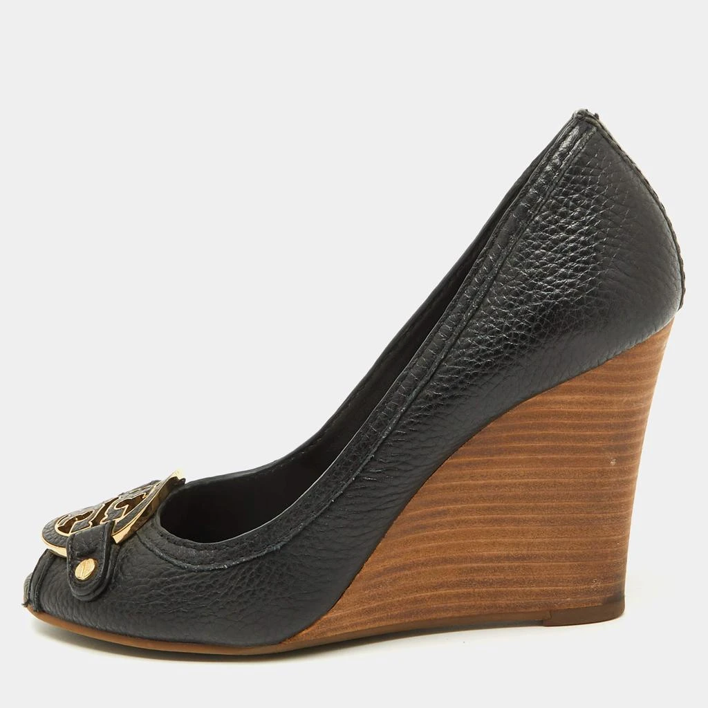 Tory Burch Tory Burch Black Leather Logo Peep Toe Wedge Pumps Size 38 1