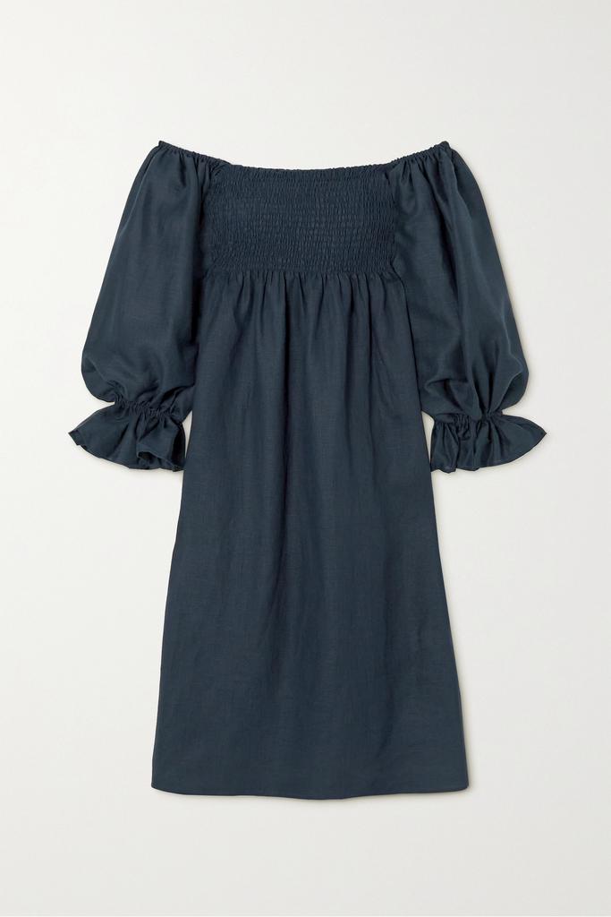 Sleeper Atlanta 露肩平行绉缝亚麻中长连衣裙