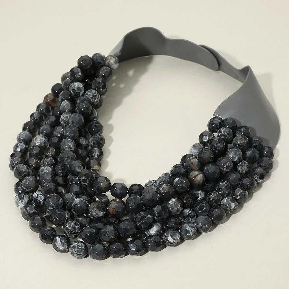 FASHNZFAB Marbled Faceted Ball Beaded Multi Layered Faux Leather Magnetic Necklace