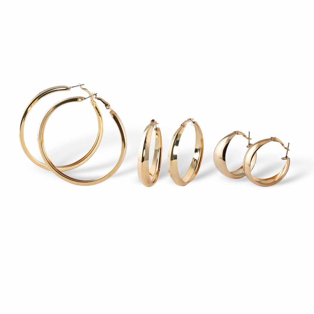 Palm Beach Jewelry 3 Pair Hoop Earrings Set in Yellow Gold Tone