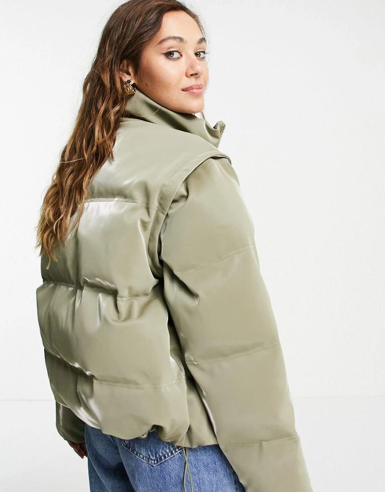Topshop Topshop sheen puffer jacket with removeable sleeves in khaki 2