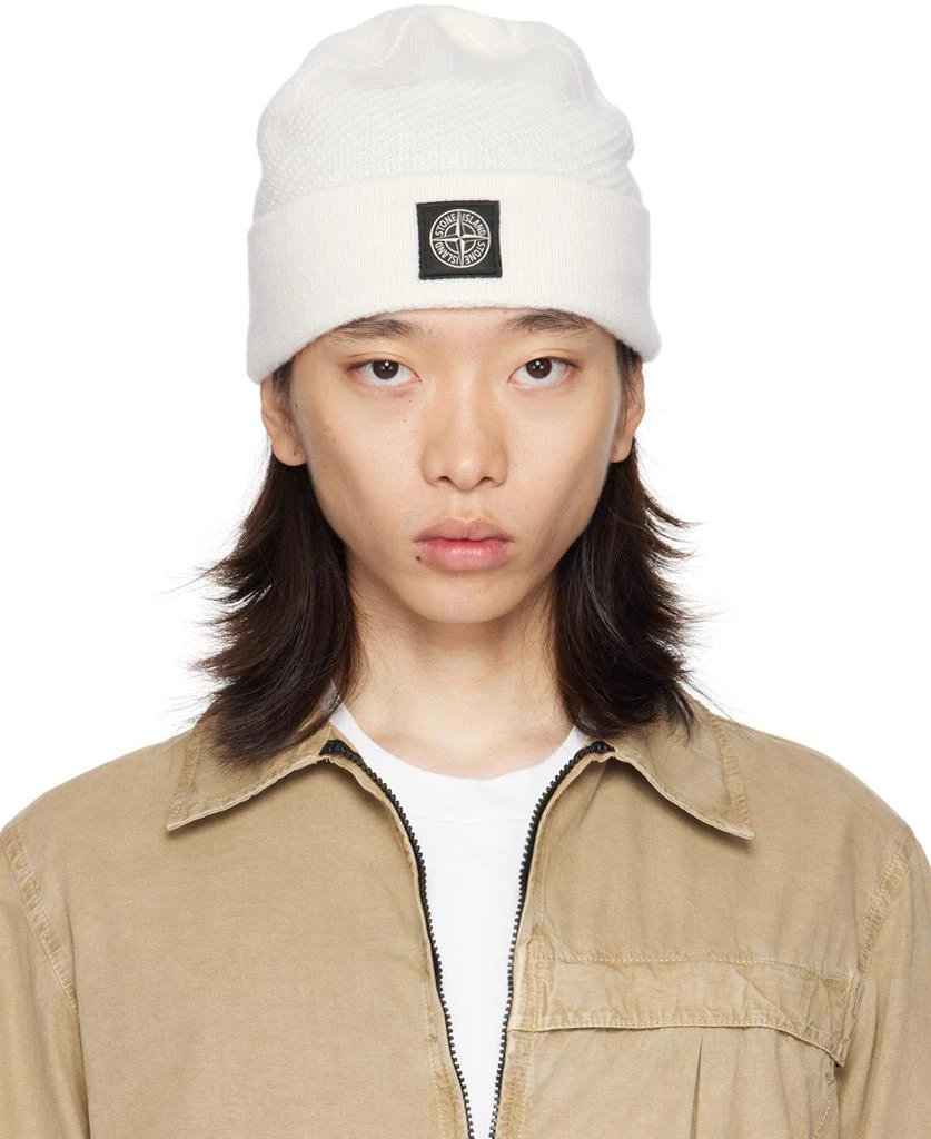 Stone Island Off-White Knitted Badge Beanie - Hats - BeyondStyle