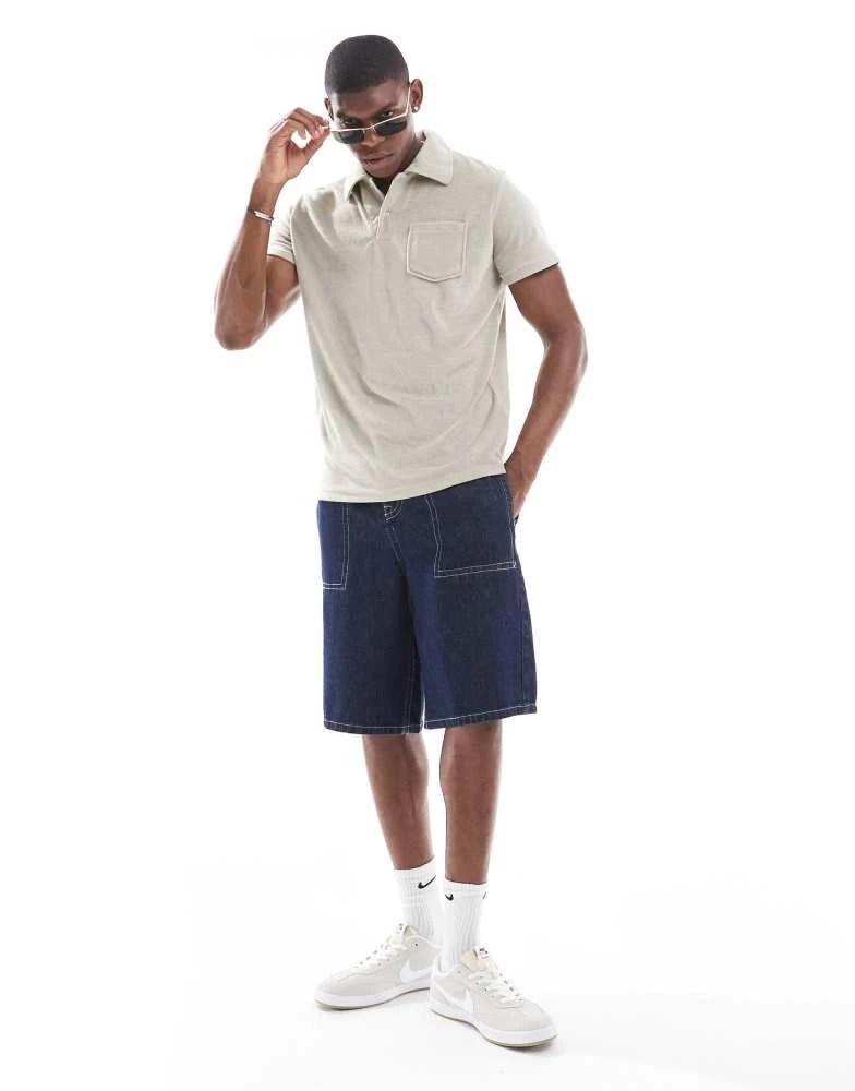 Brave Soul Brave Soul towelling co-ord polo shirt with revere collar in stone 2