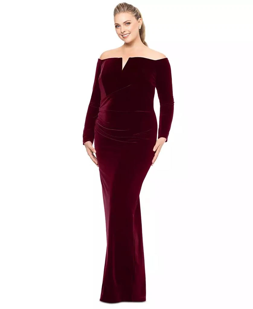 XSCAPE Plus Size Velvet Notch-Neck Off-The-Shoulder Gown 3