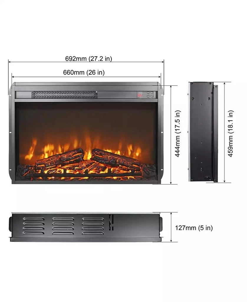 Flynama 26 inch electric fireplace insert, ultra thin heater with log set 
realistic flame, remote control with timer, overheating protection 4