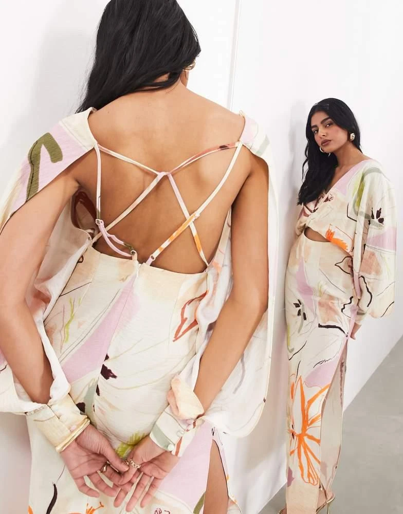 ASOS ASOS EDITION strapping detail maxi dress in stone arty floral 2